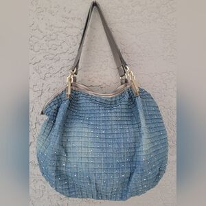 Y2K Pleated Denim Hobo Bag Sparkly Studded Blue Faux Leather Trim
